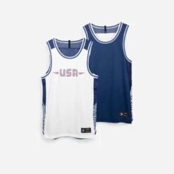 MAILLOT BASKETBALL SANS MANCHE REVERSIBLE HOMME/FEMME - T500R BLANC MARINE USA -ProSportif Boutique 8606939