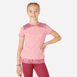 T-Shirt Manches Courtes Coton Respirant 500 Fille GYM ENFANT Rose Chiné AOP Gris -ProSportif Boutique 8669235