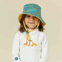 Chapeau Anti UV Bébé Réversible Jaune Et Bleu Imprimé SAVANE -ProSportif Boutique chapeau anti uv bebe reversible bleu et imprime palmiers 2