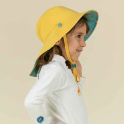 Chapeau Anti UV Bébé Réversible Jaune Et Bleu Imprimé SAVANE -ProSportif Boutique chapeau anti uv bebe reversible bleu et imprime palmiers 3