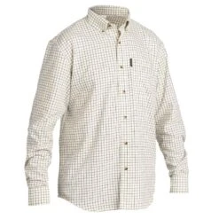 Chemise Chasse Coton Manches Longues Respirant Homme - 100 à Carreaux Blanc.