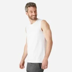 Débardeur Fitness Homme Col Rond Droit Coton - 500 Blanc