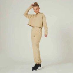 Sweat à Capuche Crop Fitness Femme - 520 Beige 12 Sweat à Capuche Crop Fitness Femme - 520 Beige -ProSportif Boutique hoodie 520 cropped a capuche majorite coton fitness beige 2