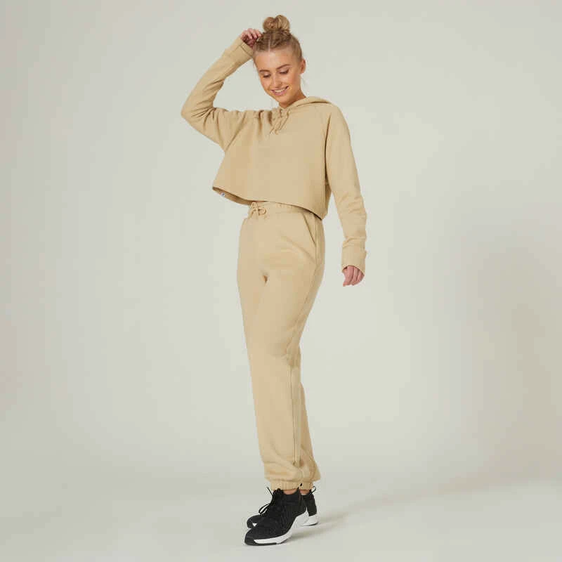 Sweat à Capuche Crop Fitness Femme - 520 Beige 5 Sweat à Capuche Crop Fitness Femme - 520 Beige – Image 3