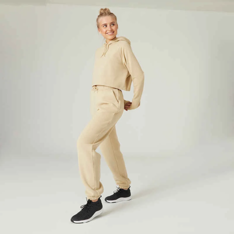 Sweat à Capuche Crop Fitness Femme - 520 Beige 8 Sweat à Capuche Crop Fitness Femme - 520 Beige – Image 6