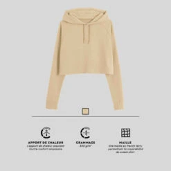 Sweat à Capuche Crop Fitness Femme - 520 Beige 17 Sweat à Capuche Crop Fitness Femme - 520 Beige -ProSportif Boutique hoodie 520 cropped a capuche majorite coton fitness beige 7