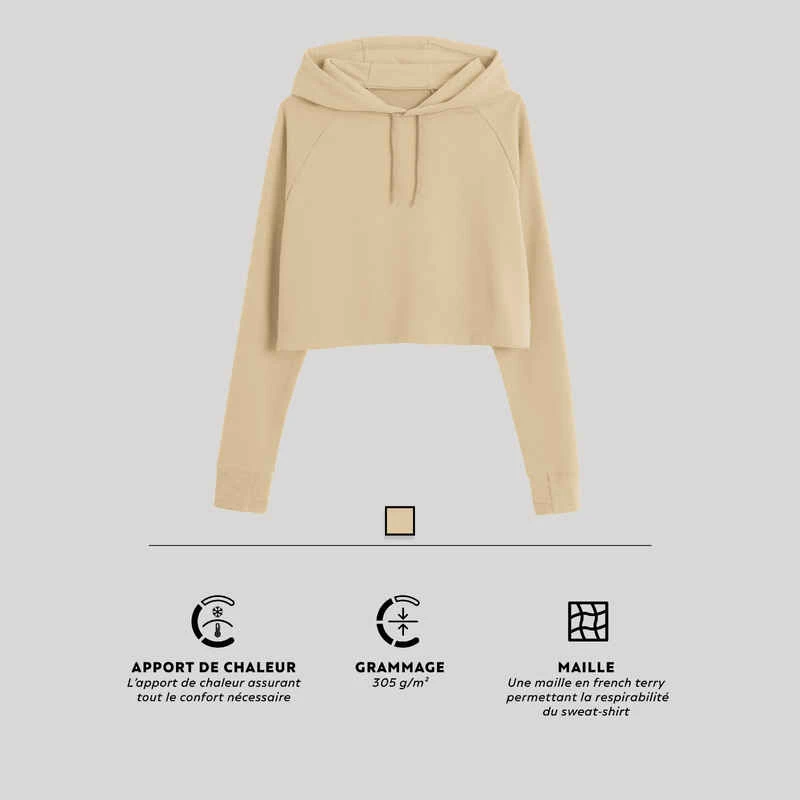 Sweat à Capuche Crop Fitness Femme - 520 Beige 10 Sweat à Capuche Crop Fitness Femme - 520 Beige – Image 8