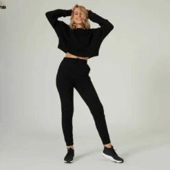 Sweat Crop Fitness Femme - 520 Noir -ProSportif Boutique sweat 520 crop col rond avec lien de serrage majorite coton fitness noir 3