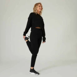Sweat Crop Fitness Femme - 520 Noir -ProSportif Boutique sweat 520 crop col rond avec lien de serrage majorite coton fitness noir 5