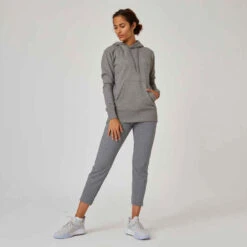 Sweat à Capuche Long Fitness Femme - 500 Essentials Gris -ProSportif Boutique sweat shirt a capuche long col rond femme droit 500 essentials gris 2