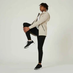 Sweat Zippé à Capuche Fitness Homme - 520 Lin -ProSportif Boutique sweat zippe fitness a capuche droit homme poche zippee 520 beige 5