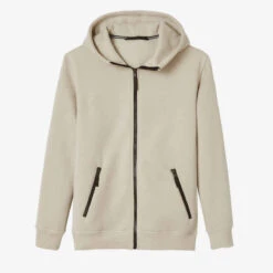 Sweat Zippé à Capuche Fitness Homme - 520 Lin -ProSportif Boutique sweat zippe fitness a capuche droit homme poche zippee 520 beige 6