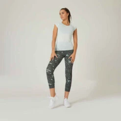 T-shirt Fitness Manches Courtes Slim Coton Extensible Col En V Femme Vert -ProSportif Boutique t shirt coton extensible fitness avec mesh slim noir 2