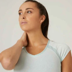 T-shirt Fitness Manches Courtes Slim Coton Extensible Col En V Femme Vert -ProSportif Boutique t shirt coton extensible fitness avec mesh slim noir 3