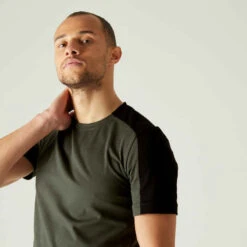T-Shirt Coton Extensible Fitness Tombé Arrondi Slim Kaki -ProSportif Boutique t shirt coton extensible fitness tombe arrondi slim kaki 3