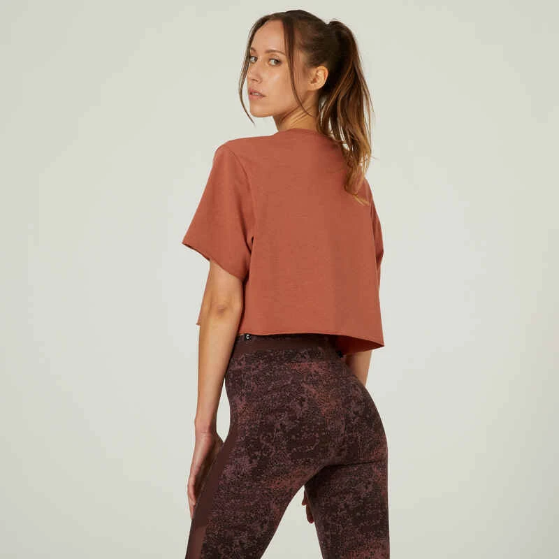 T-shirt Crop Top Fitness Femme - 520 Marron Sépia 4 T-shirt Crop Top Fitness Femme - 520 Marron Sépia – Image 2