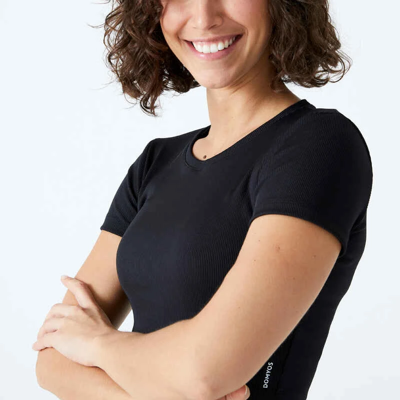 T-shirt Crop-top Manches Courtes Fitness Cardio Femme Noir 5 T-shirt Crop-top Manches Courtes Fitness Cardio Femme Noir – Image 3