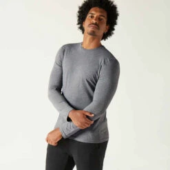 T-shirt Fitness Manches Longues Slim Coton Col Rond Homme Gris Chiné