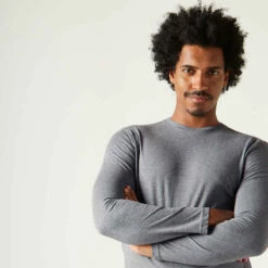 T-shirt Fitness Manches Longues Slim Coton Col Rond Homme Gris Chiné -ProSportif Boutique t shirt manches longues 100 homme gris chine 3