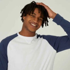 T-shirt Manches Longues Fitness Homme - 520 Blanc Et Bleu -ProSportif Boutique t shirt manches longues fitness homme coton droit 520 blanc et bleu 2