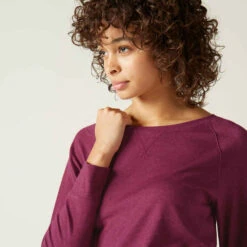 T-shirt Fitness Manches Longues Droit Col Rond Coton Femme - 500 Violet -ProSportif Boutique t shirt manches longues sport pilates gym douce femme 500 regular beige imprime 3