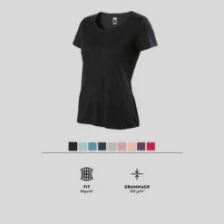 T-shirt Fitness Manches Courtes Droit Coton Extensible Col Rond Femme Noir -ProSportif Boutique t shirt regular 500 femme noir 8