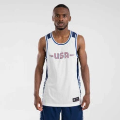 MAILLOT BASKETBALL SANS MANCHE REVERSIBLE HOMME/FEMME - T500R BLANC MARINE USA