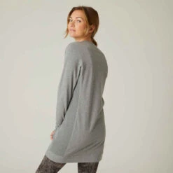 T-shirt Fitness Manches Longues Slim Coton Extensible Col Rond Femme Gris -ProSportif Boutique t shirt tunique coton extensible fitness 1